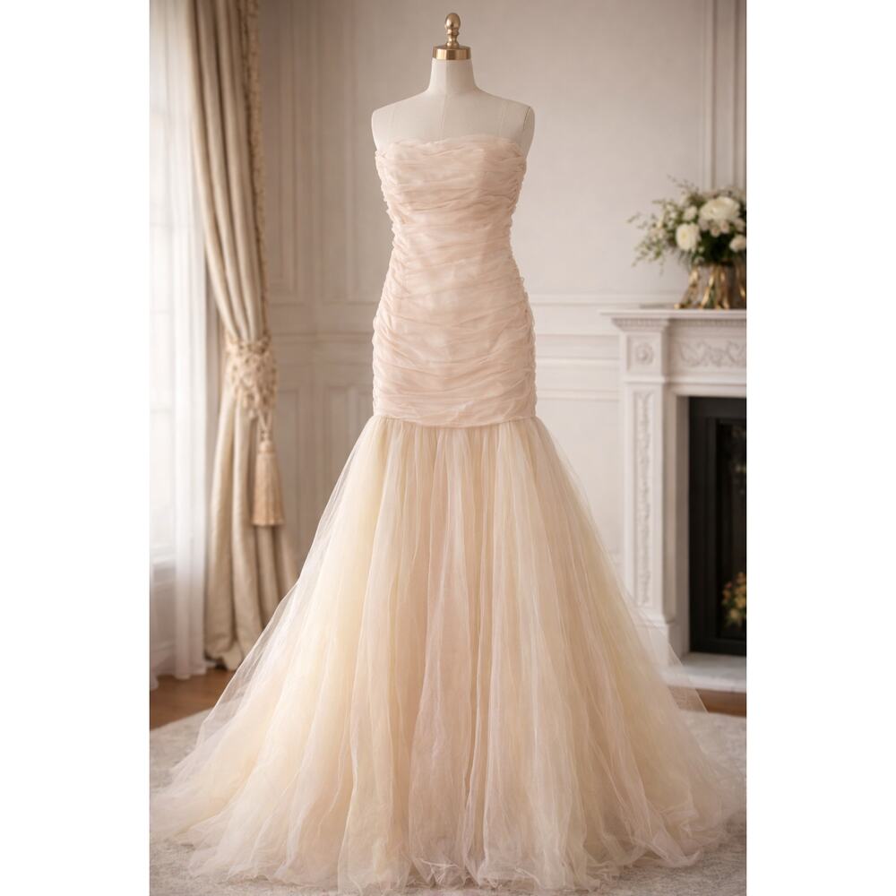Vintage Lazaro Bridal Strapless Ruched Mermaid Tulle Gown Blush Ivory size 12